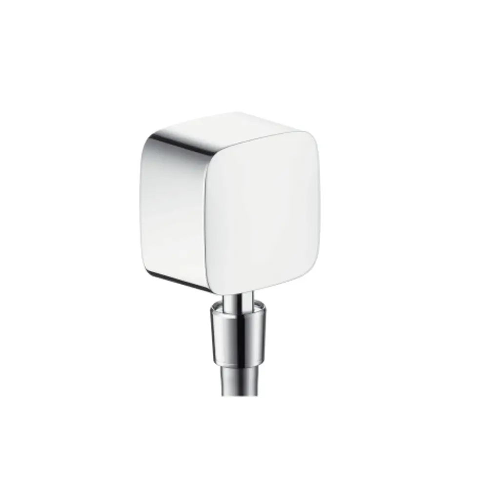 Hansgrohe Wandanschluss aus Chrom mit quadratischer Kopfplatte, ausgestattet mit Rückflussverhinderer und beweglichem Kugelgelenk für flexible Anpassung.
